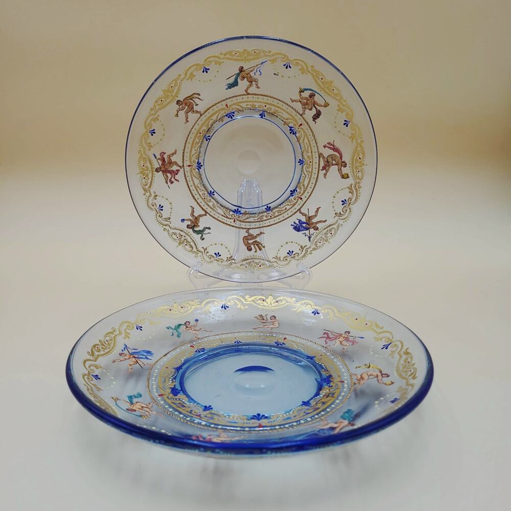 Rare Pair Antique Venetian Murano Salviati Enameled Gilded Cherub Putti Plates